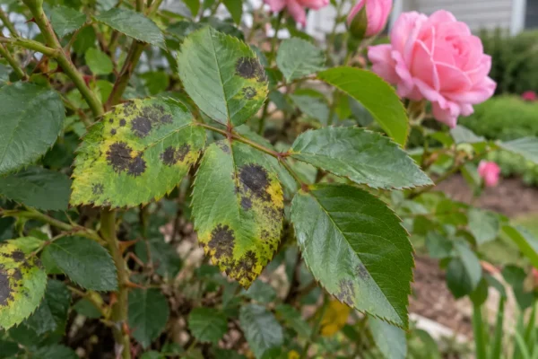 Rose leaflets with dark spots and yellowing beside a pink bloom
