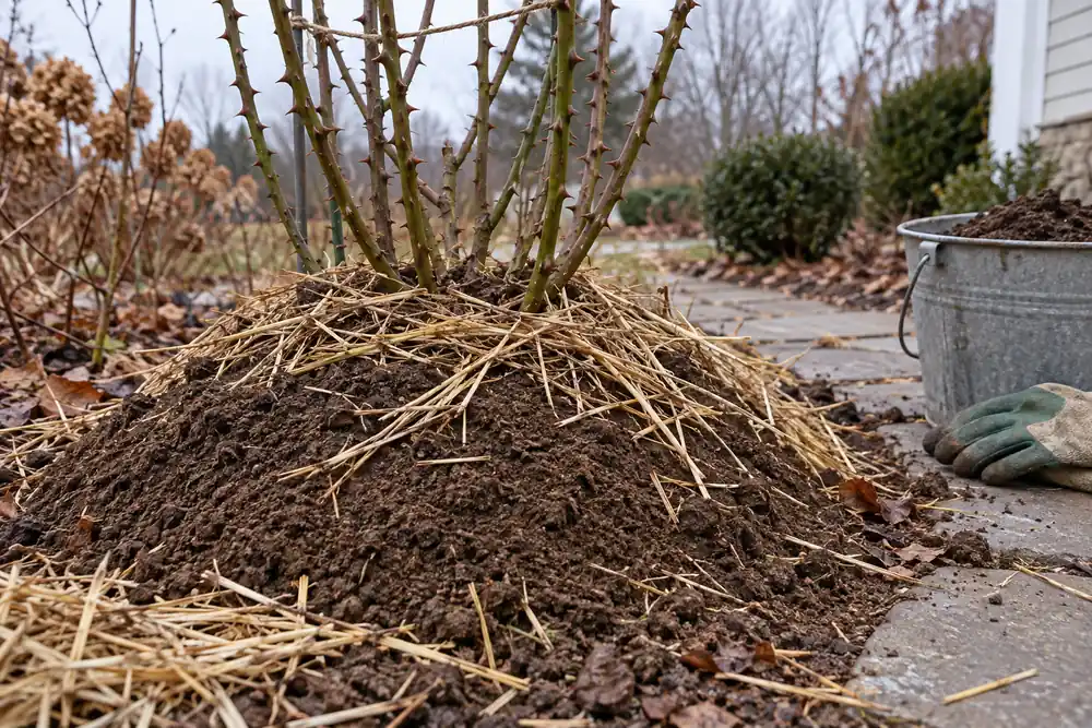 Soil mound around the base of a rose bush with a loose layer of straw