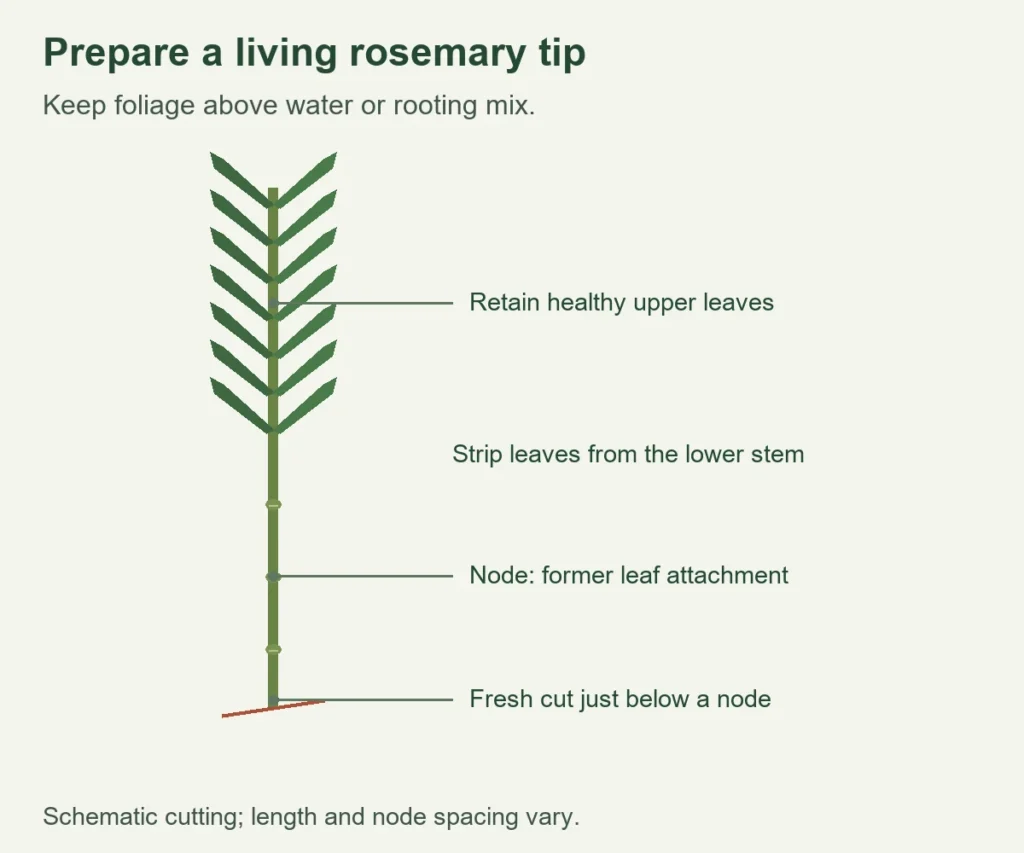 Rosemary cutting with a leafy tip, stripped lower stem and basal cut below a node