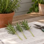 Fresh rosemary stem tips with stripped lower stems beside a potted parent plant and snips