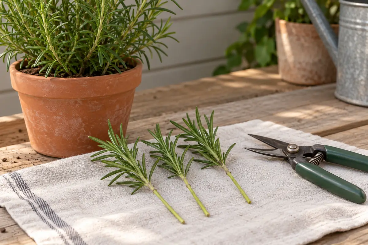 Fresh rosemary stem tips with stripped lower stems beside a potted parent plant and snips