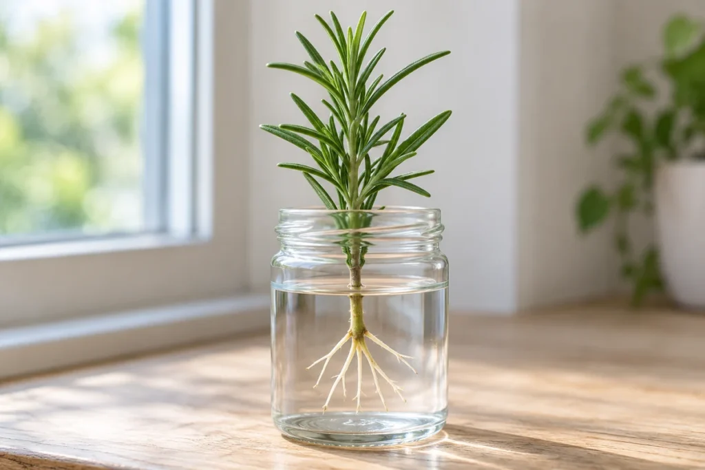 Rosemary cutting with pale roots in a clear jar and all leaves above the waterline
