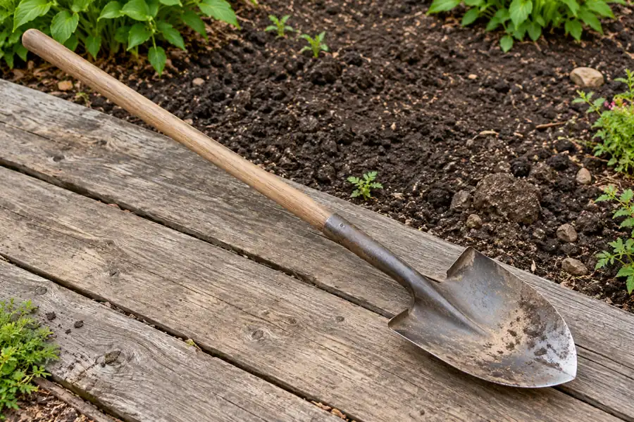 Round-point shovel with a pointed curved blade and long wooden handle