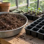 Fine seed starting mix in a metal bowl beside an empty propagation tray