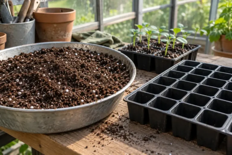 Fine seed starting mix in a metal bowl beside an empty propagation tray