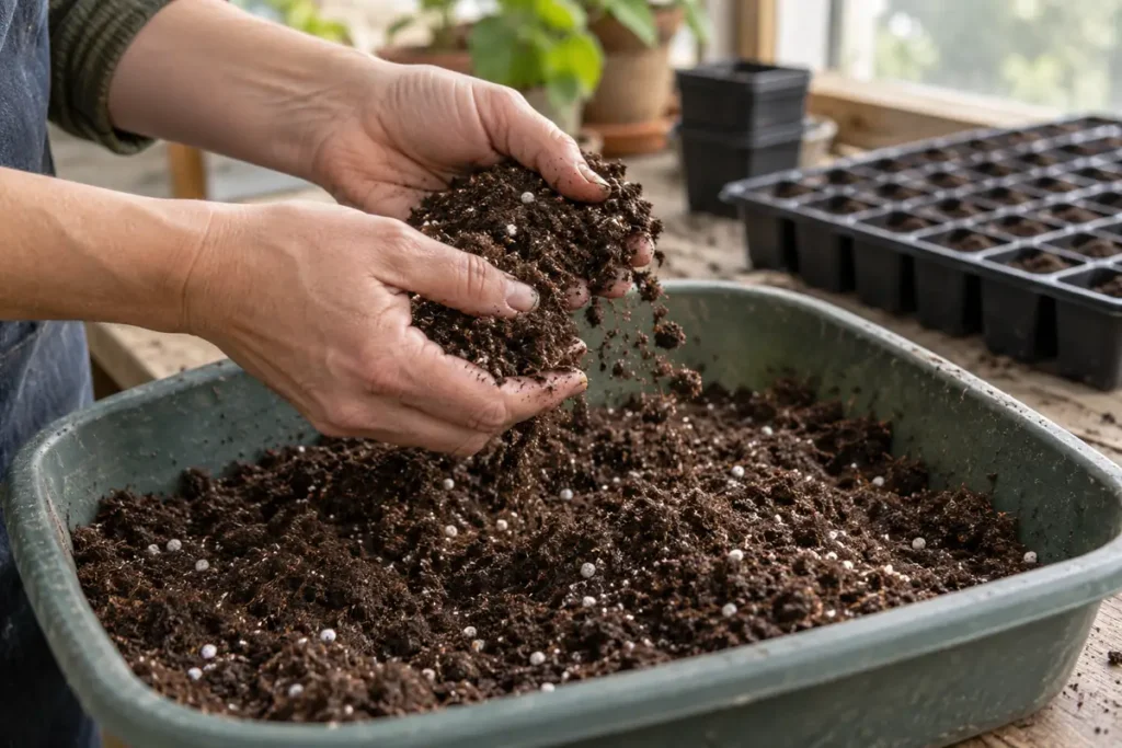Hands crumbling damp seed starting mix over a shallow mixing tub