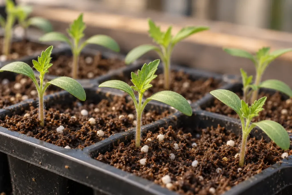 Tomato seedlings with smooth seed leaves and emerging serrated true leaves in individual cells