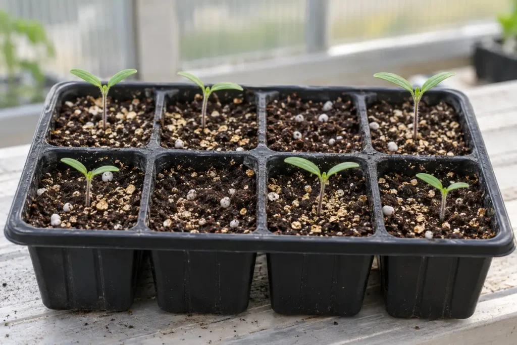Young seedlings in fine dark tray mix with small white perlite grains and sparse tan vermiculite