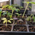 Seedling tray with healthy, leggy, yellow, purple, wilted, and collapsed seedlings