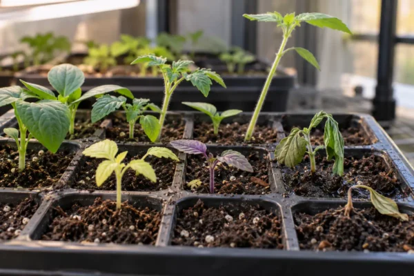 Seedling tray with healthy, leggy, yellow, purple, wilted, and collapsed seedlings