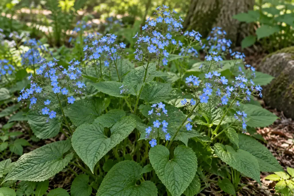 Tiny blue Siberian bugloss flowers on airy stems above broad heart-shaped green leaves
