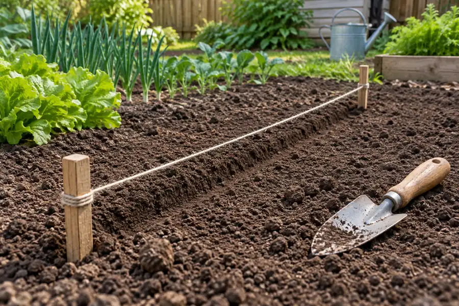String and pegs marking a shallow seed furrow in crumbly garden soil