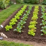 One small vegetable bed with lettuce and radish rows and walking space on both sides