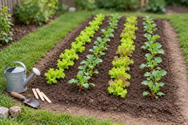 One small vegetable bed with lettuce and radish rows and walking space on both sides