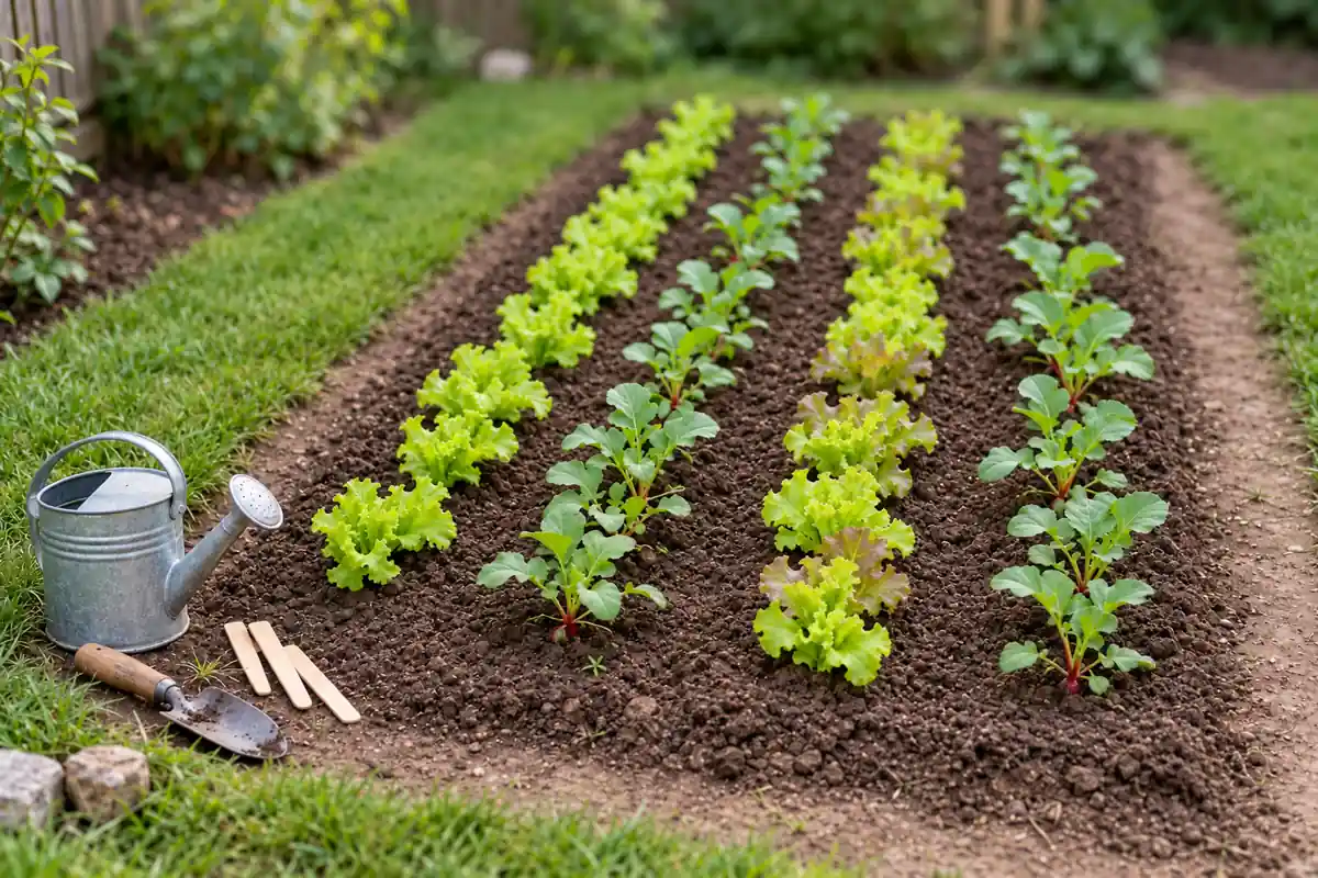 One small vegetable bed with lettuce and radish rows and walking space on both sides