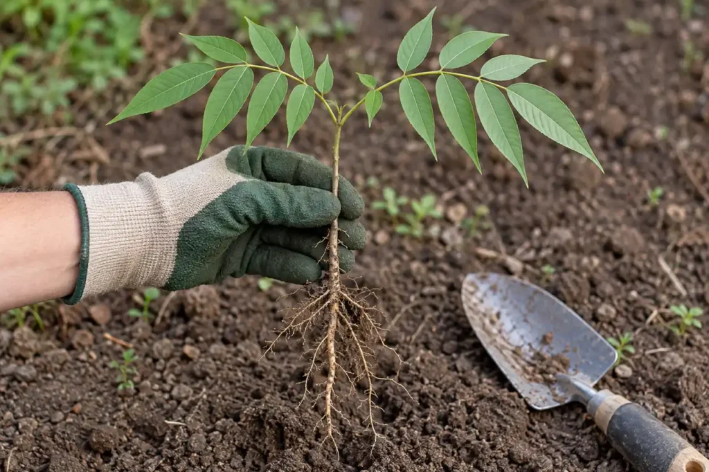 Gloved hand holding a small woody seedling with its root exposed
