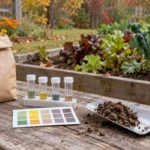 Home soil testing tubes, a sample bag, and a trowel beside a vegetable bed