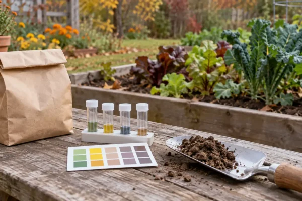 Home soil testing tubes, a sample bag, and a trowel beside a vegetable bed