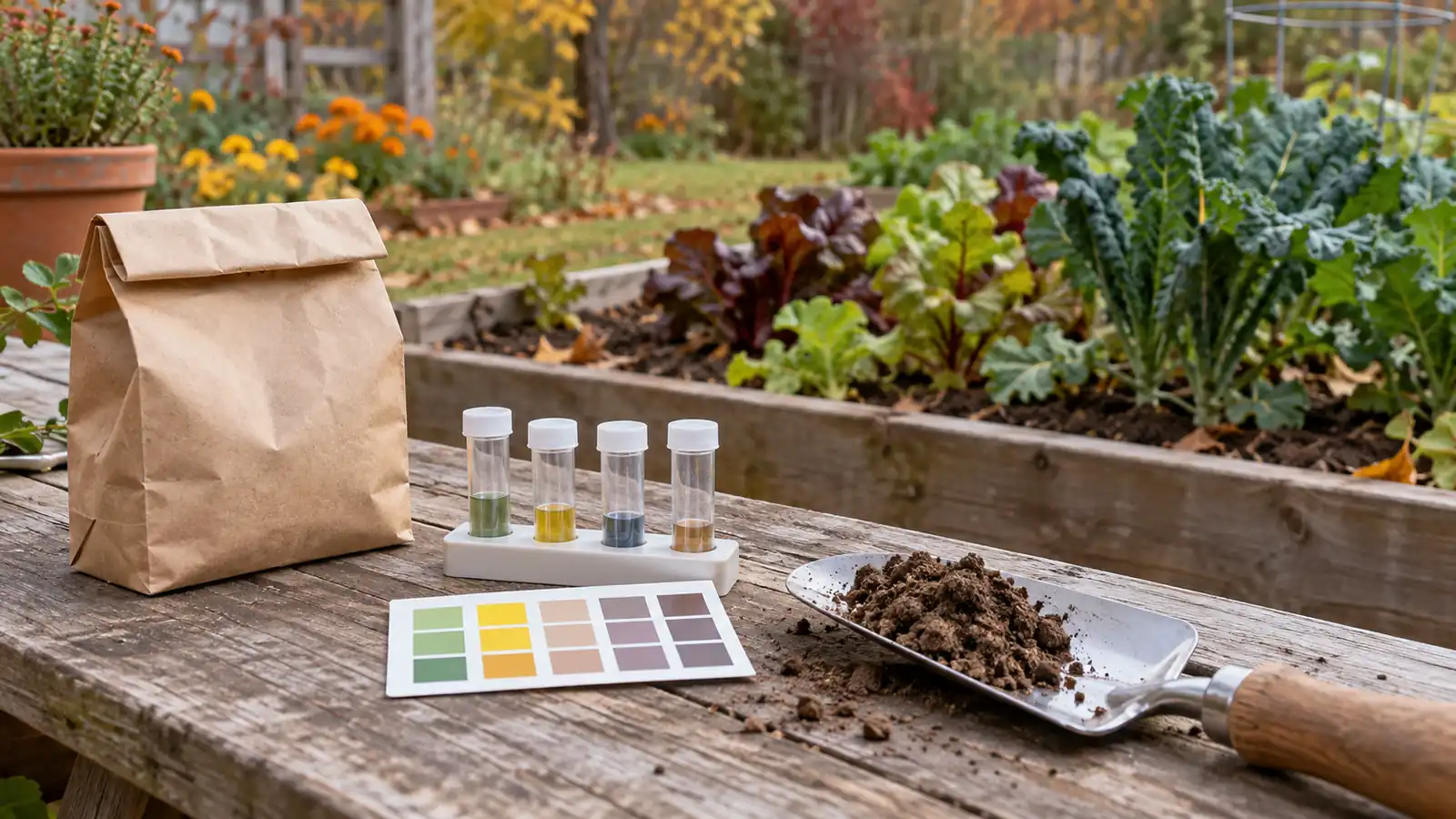 Home soil testing tubes, a sample bag, and a trowel beside a vegetable bed