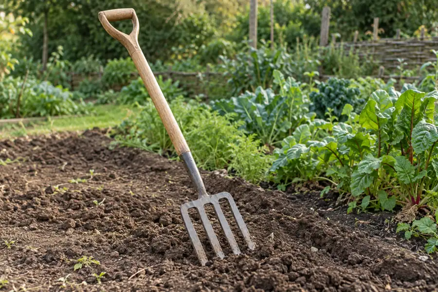 Spading fork with four stout flat steel tines and a D-shaped handle