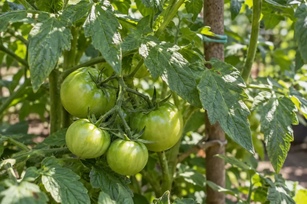 Tomato leaves cast shade over a cluster of unripe green tomatoes
