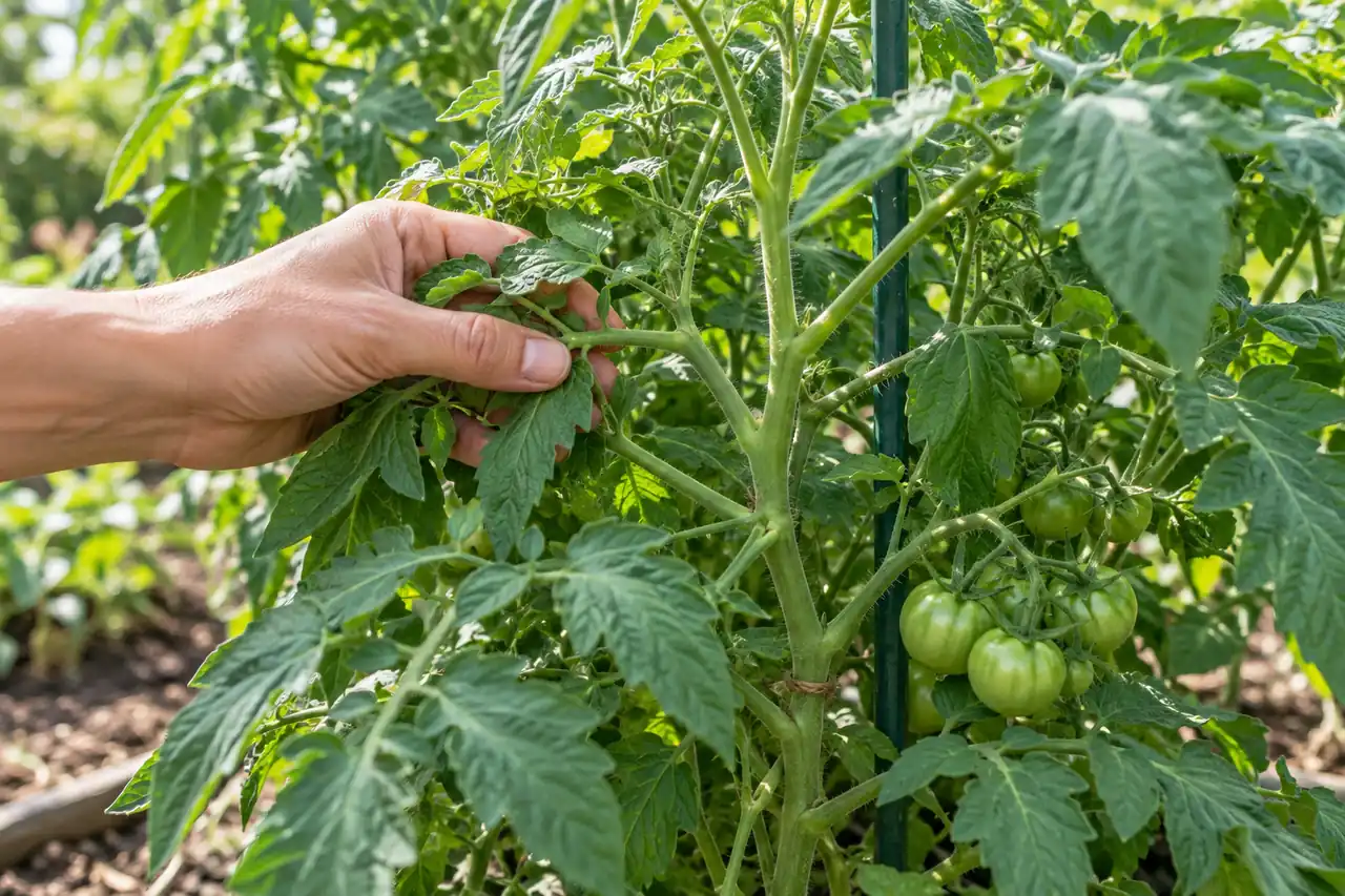 A hand parts leaves on a supported tomato plant bearing green fruit