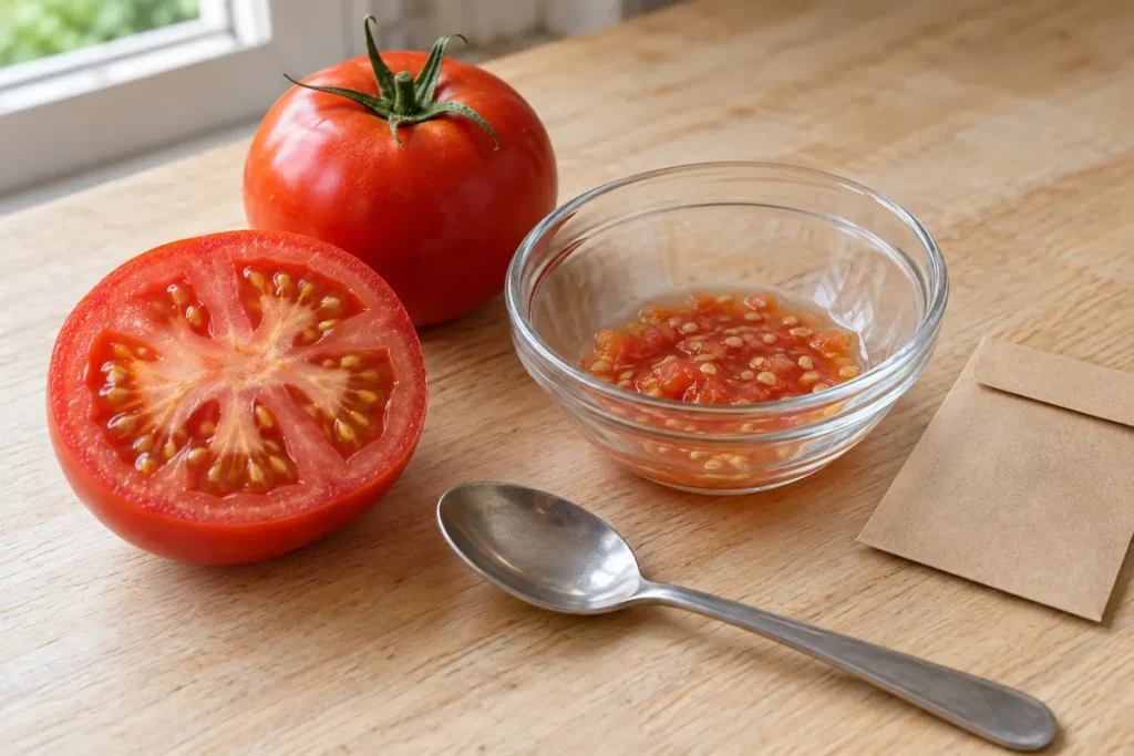 Ripe tomato cut open beside a bowl of extracted seeds and a seed envelope