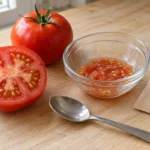 Ripe tomato cut open beside a bowl of extracted seeds and a seed envelope