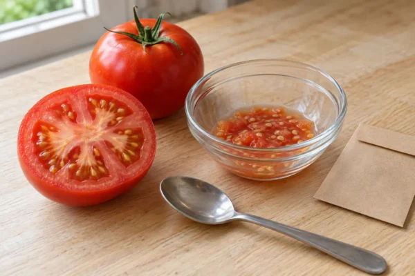 Ripe tomato cut open beside a bowl of extracted seeds and a seed envelope