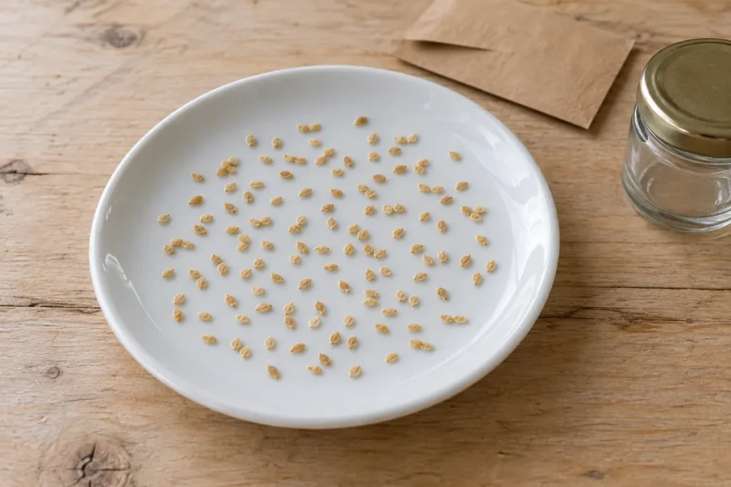 Tomato seeds spread in a single layer on a ceramic saucer for air drying