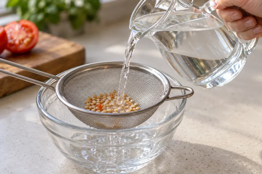 Tomato seeds being gently rinsed in a fine mesh strainer over a glass bowl