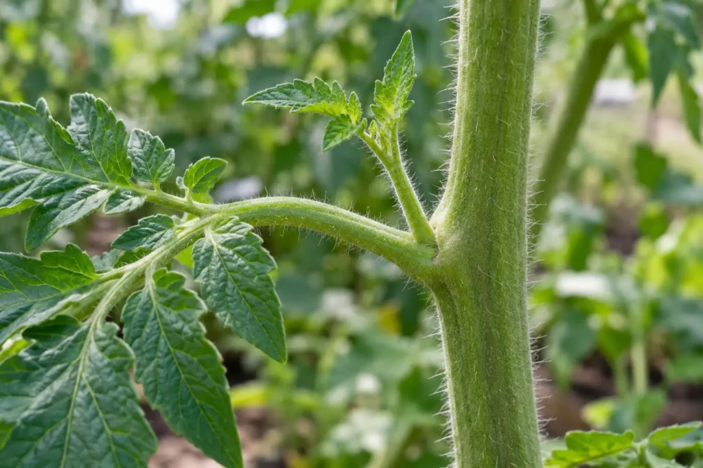 A young tomato sucker rises between the main stem and a leaf petiole