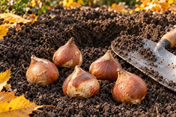 Firm tulip bulbs beside a hand trowel on loose soil in an autumn garden