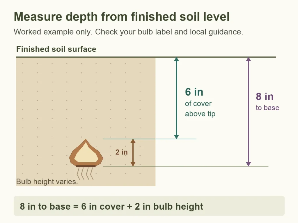 Tulip bulb cross-section comparing depth to the base with soil cover above the tip