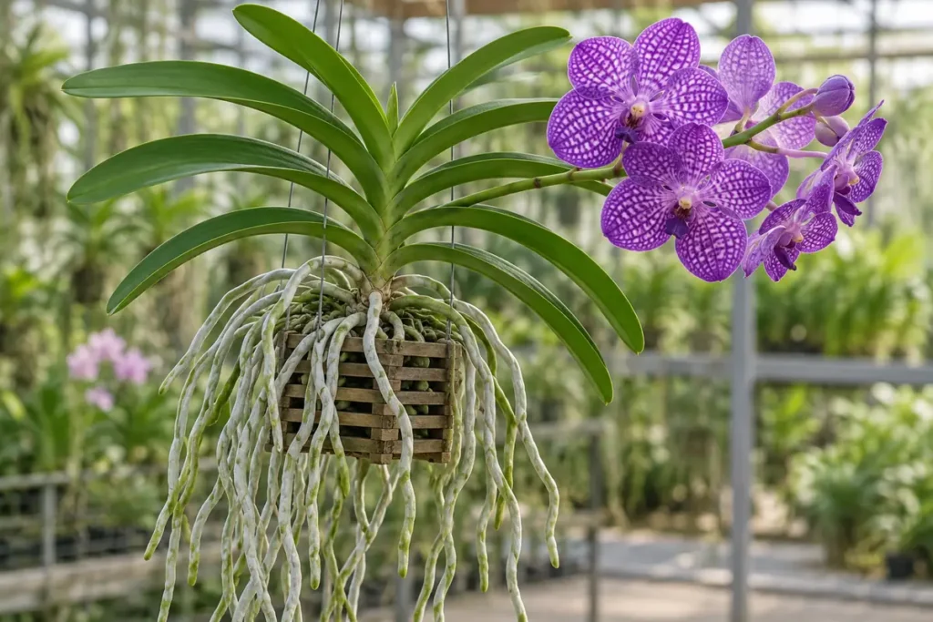 Purple checkered Vanda flowers above long silvery roots hanging from a basket