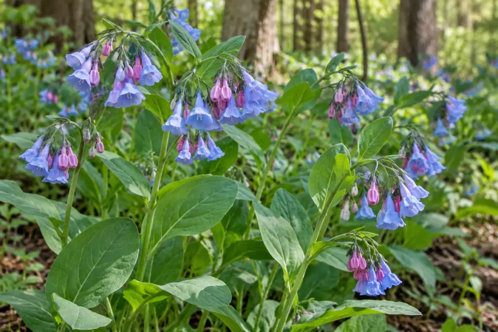 Pink Virginia bluebell buds and hanging blue bells above smooth broad green leaves
