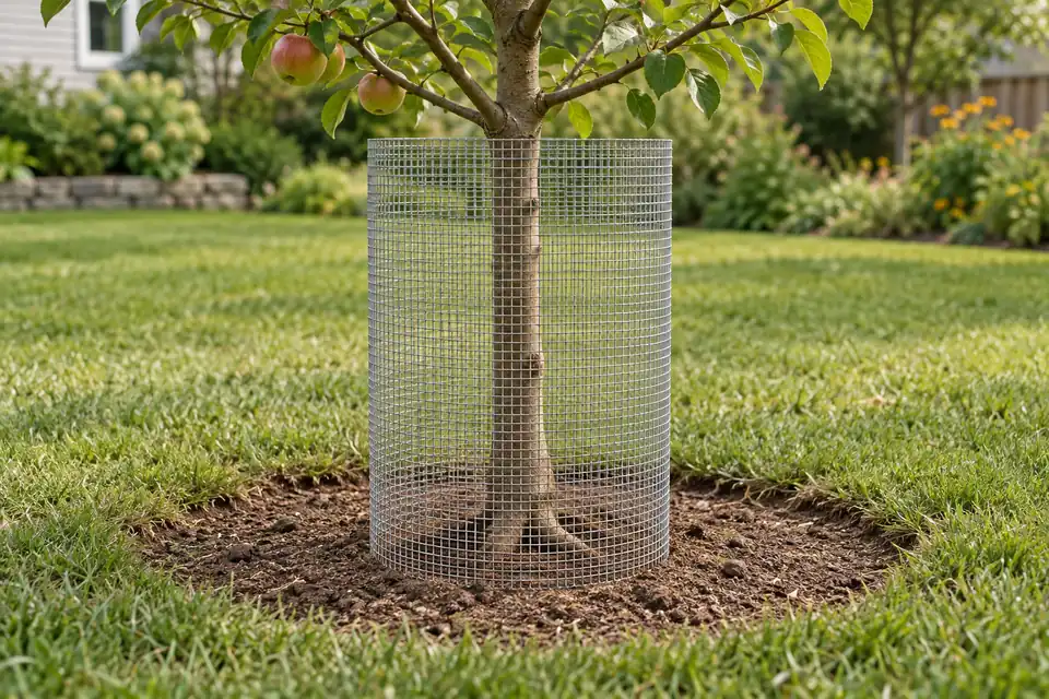 Fine mesh cylinder standing clear of a young apple tree trunk