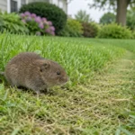 Brown meadow vole beside a clipped surface runway in lawn grass