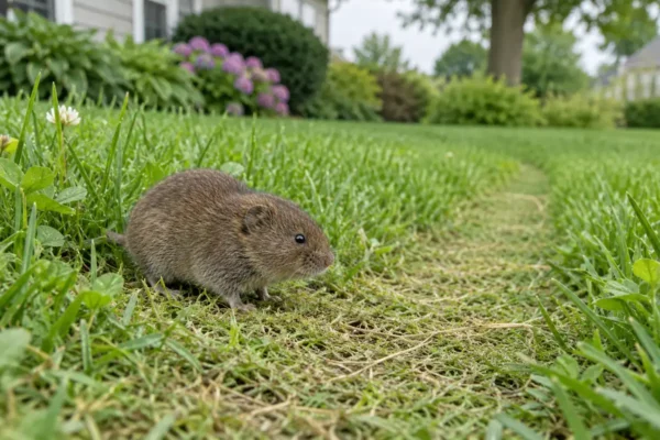 Brown meadow vole beside a clipped surface runway in lawn grass