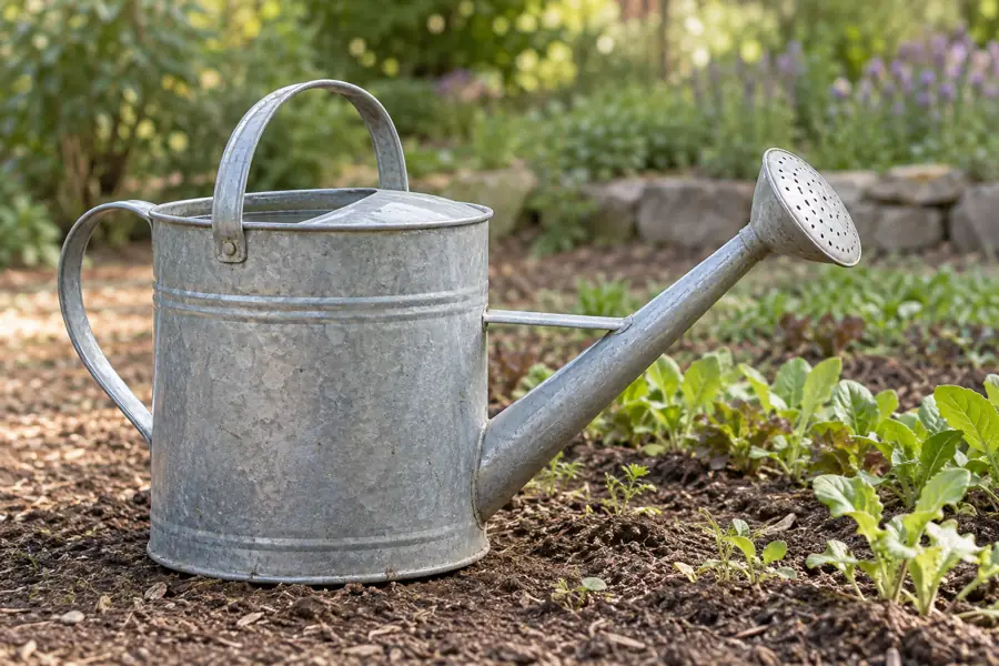 Metal watering can with a long spout and round perforated rose beside seedlings
