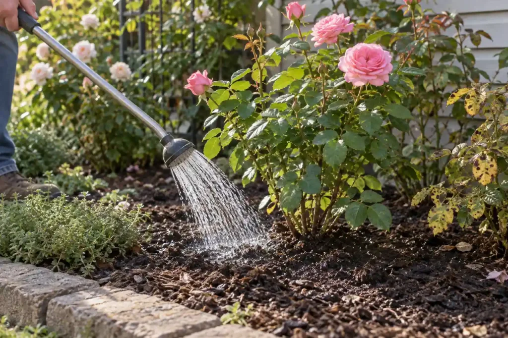 Watering wand directing water toward soil beneath a rose bush