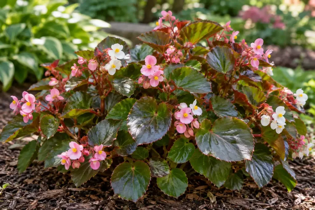 Pink and white wax begonia flowers above glossy bronze-green asymmetric leaves