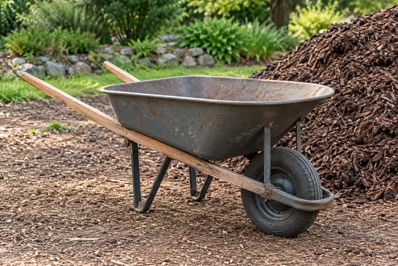 Single-wheel garden wheelbarrow with a steel tub, two handles and rear support legs