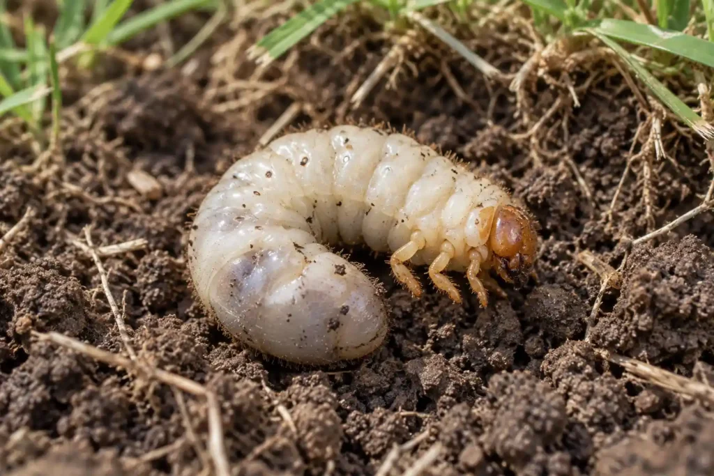 C-shaped pale beetle grub with a brown head beside fine grass roots