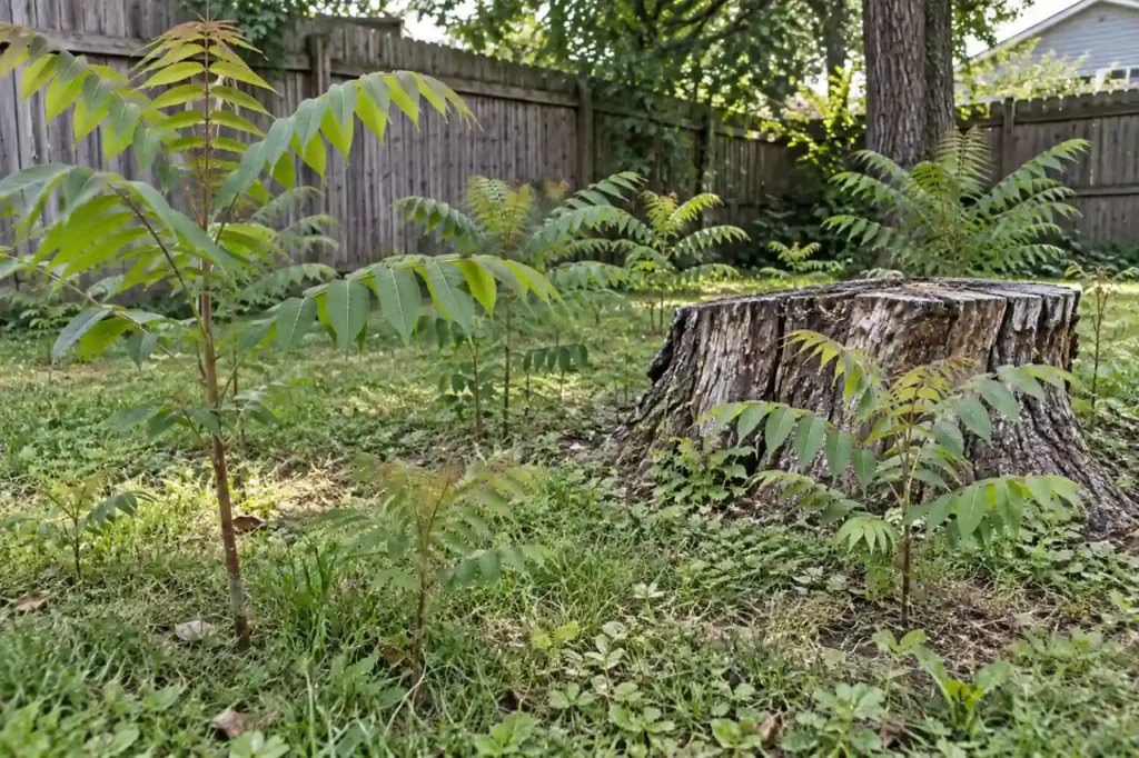 Young woody shoots growing at several points around an old stump