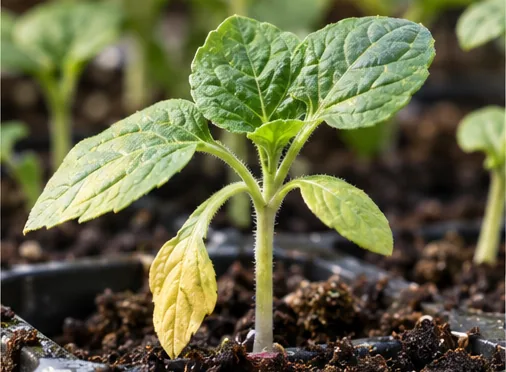 Yellow Seedling Leaves Seedling with yellow lower leaves and green upper growth