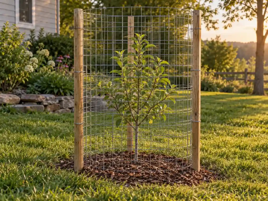 Young apple tree surrounded by a rigid wire cage secured to wooden stakes