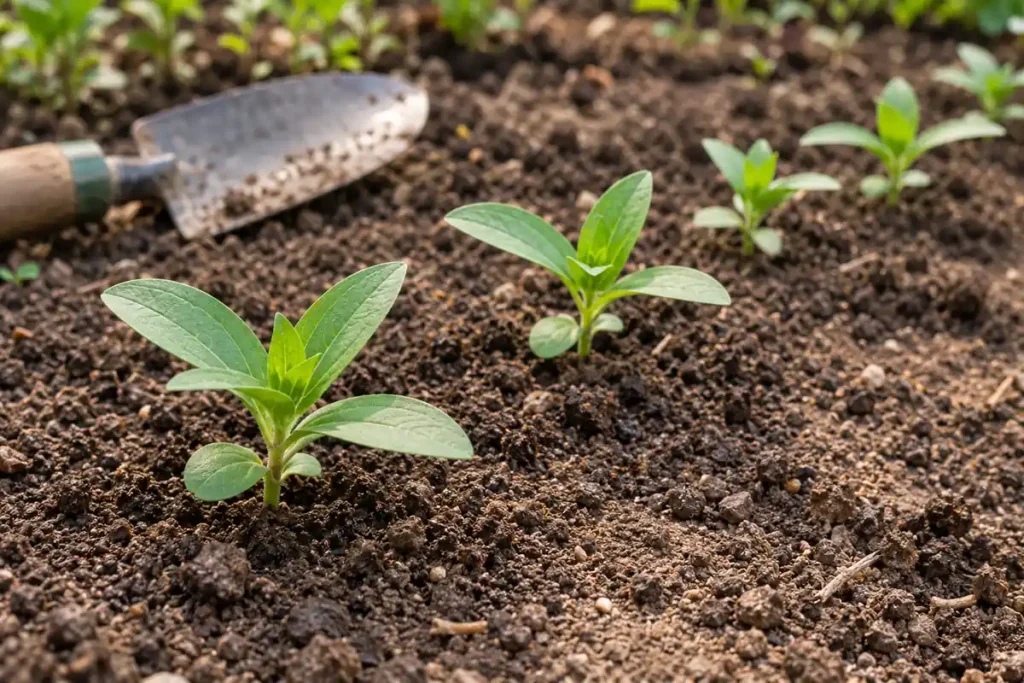 Young zinnia seedlings with opposite true leaves emerging from a prepared soil bed